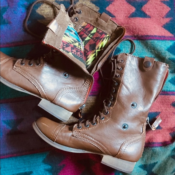 Rampage Shoes - Rampage Brown Leather & Aztec Combat Boots